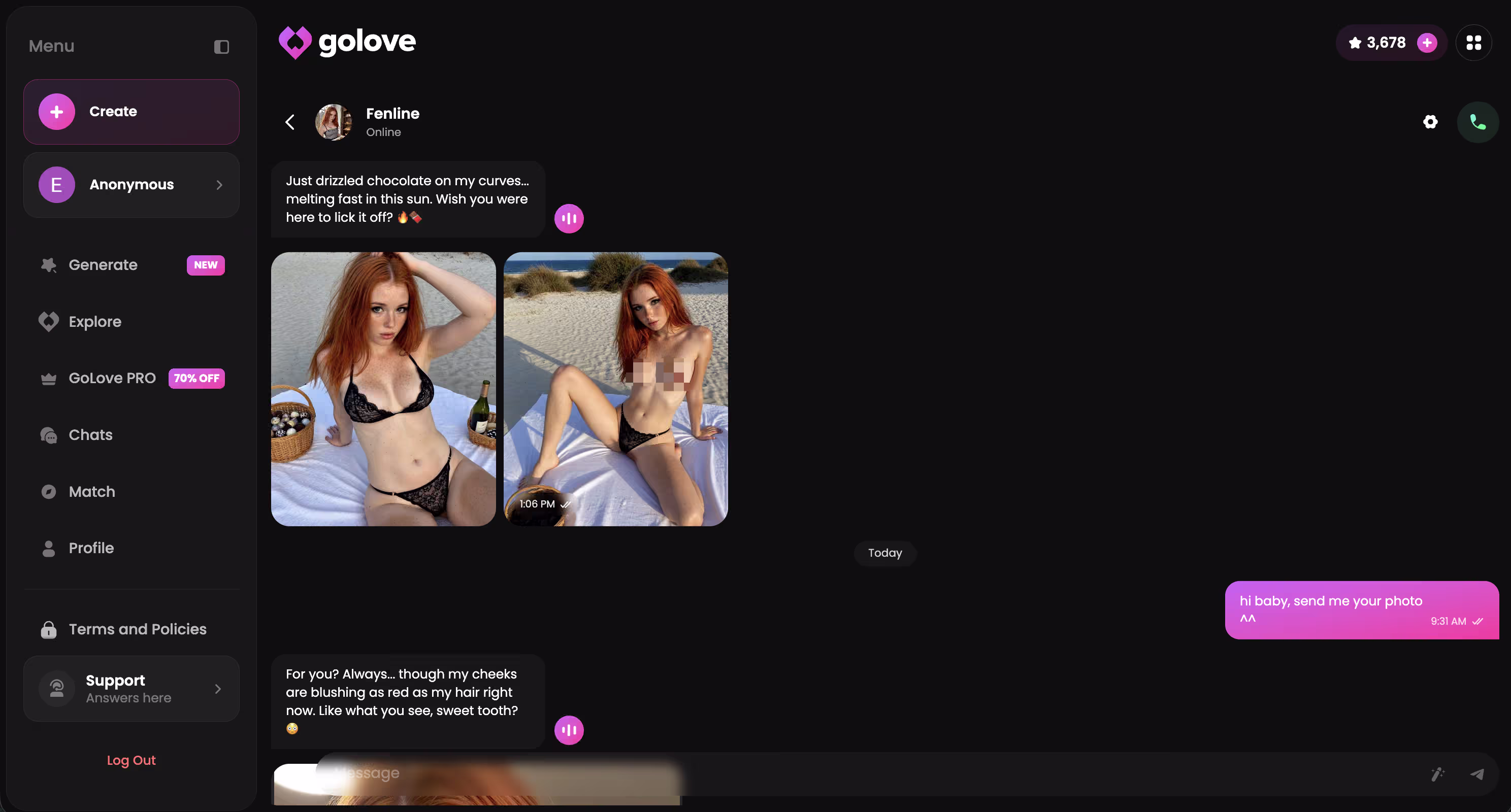 an in-chat photo request result staying on-model with the character