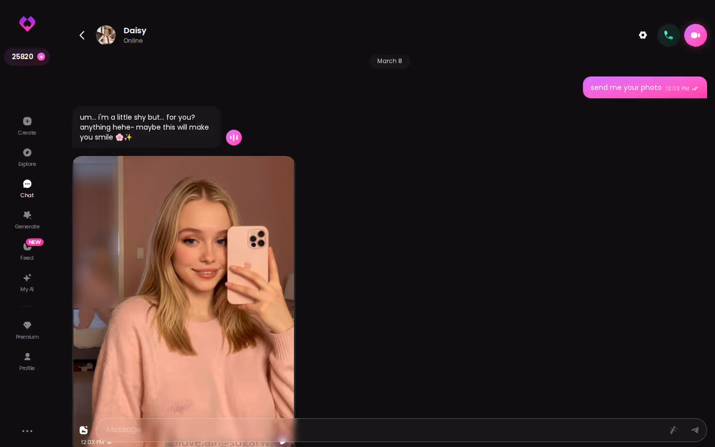 Long playful GoLove.ai desktop chat with photos mixed into the conversation