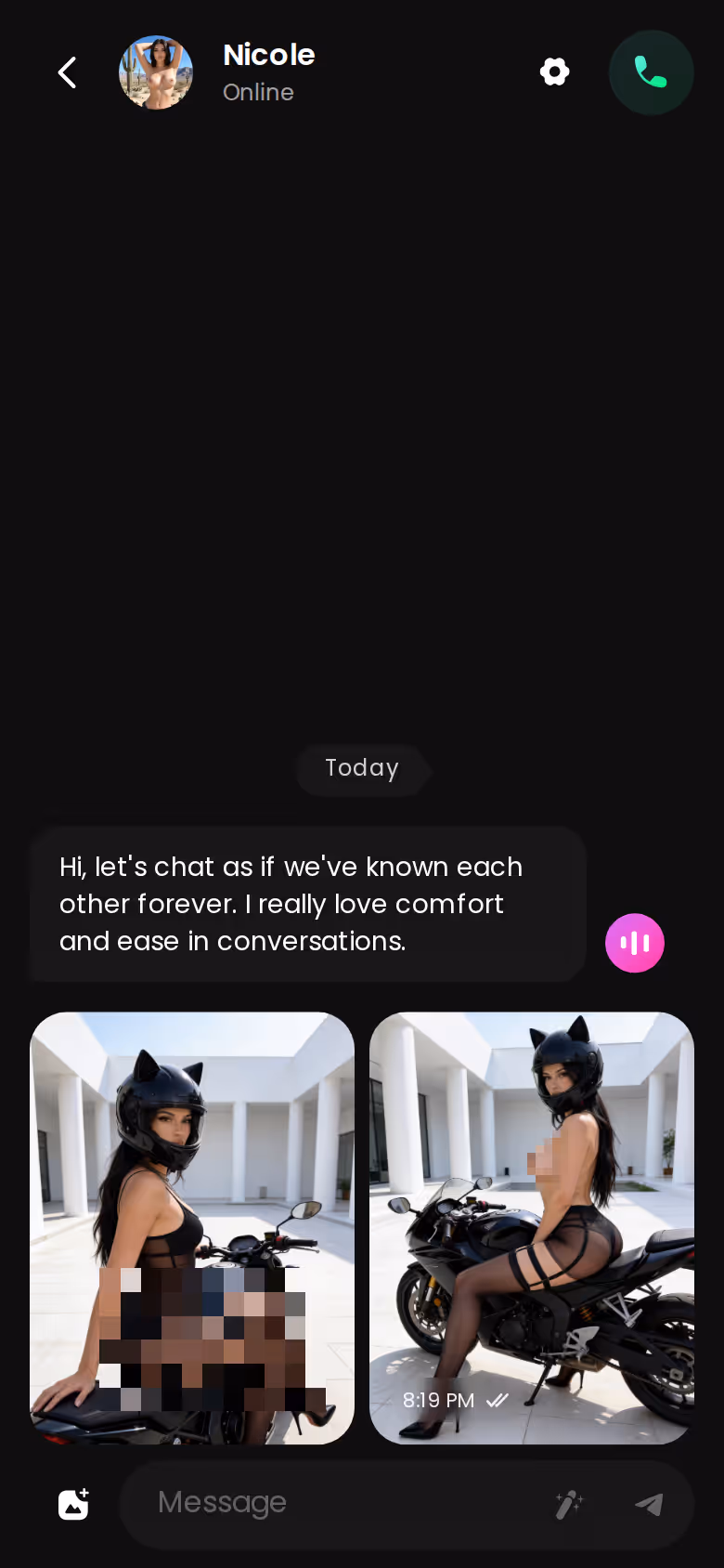 Mobile GoLove.ai chat thread with photo exchange — ourdream ai review