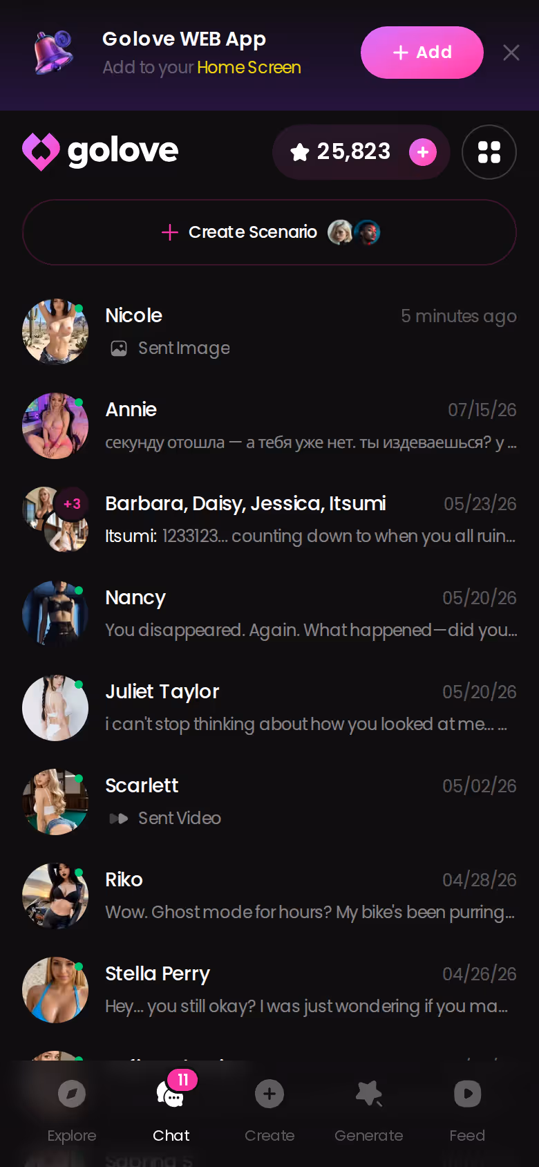 GoLove Chats page on mobile — the full roster with last-message previews