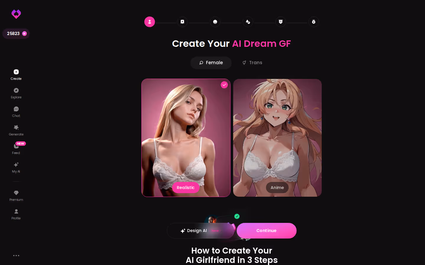 GoLove.ai Create wizard with Female/Trans toggle, Realistic vs Anime choice and Design AI shortcut