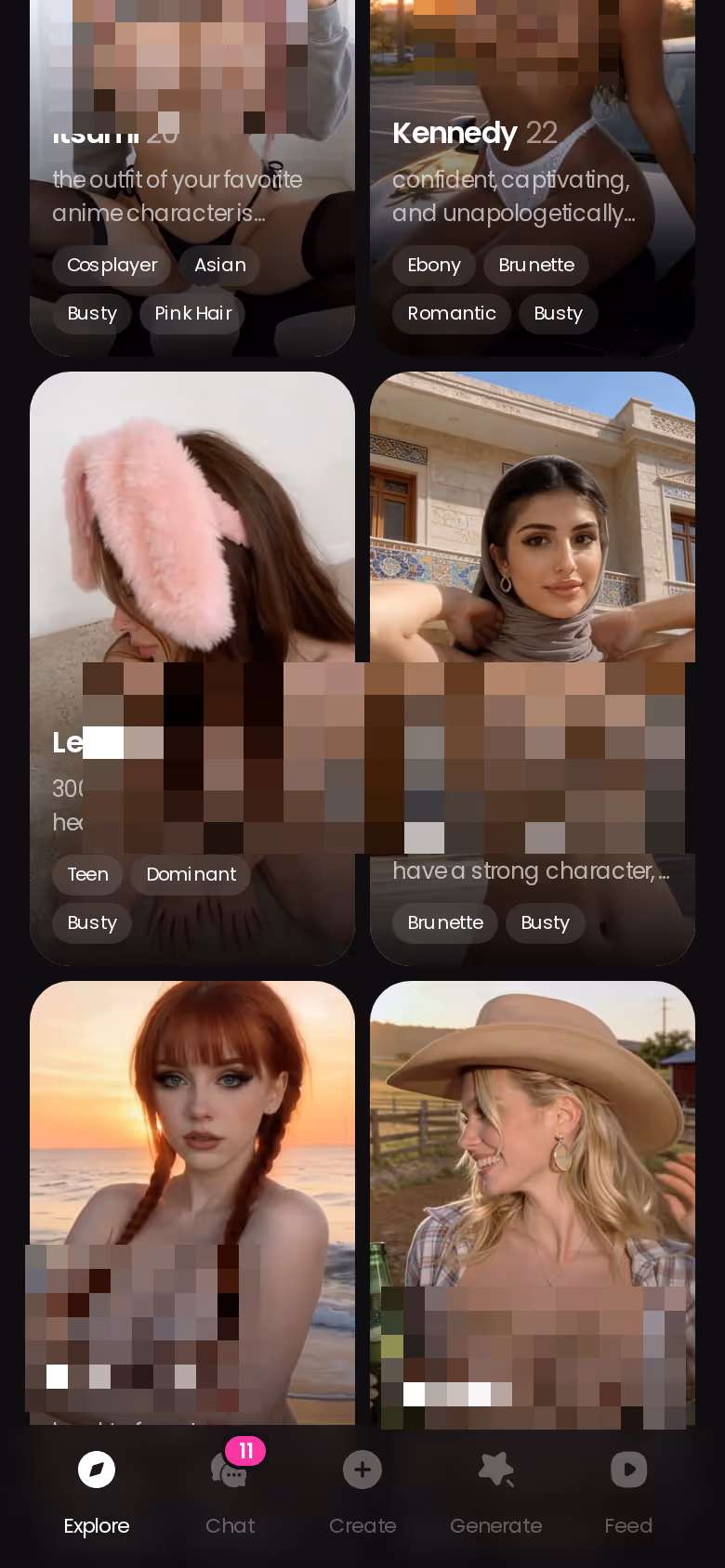 GoLove.ai Explore tab on mobile showing realistic AI companion characters ready to chat