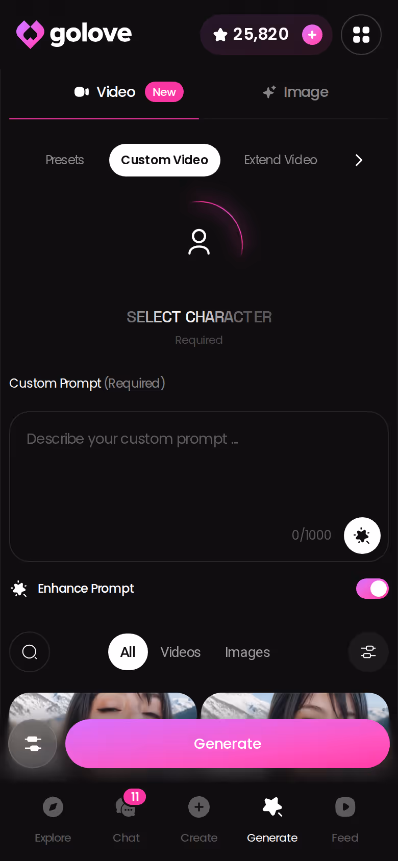 Mobile Custom Video mode in the GoLove.ai generator — lured ai