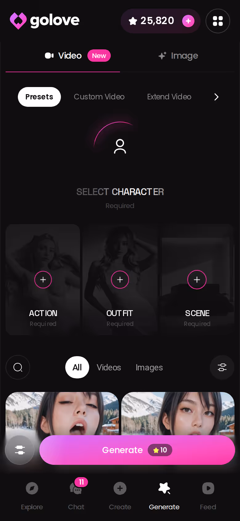 GoLove generator on mobile — full mode set, pocket-sized